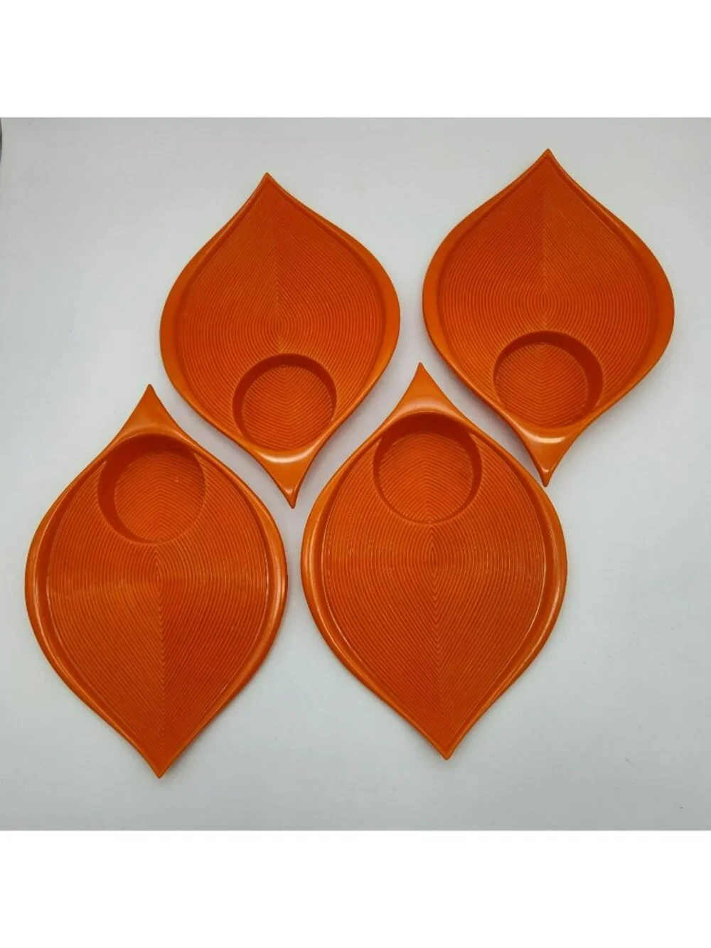 4 Vintage MCM Orange Snack Plates, Plastic Chip Dip Trays Atomic Kitchen Decor